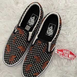 Vans Tiger Print Slip-On Shoes - Black and Orange